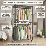 Double Rail Garment Rack with Shelves and Wheels, Black - detail view