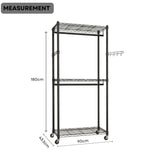 Double Rail Garment Rack with Shelves and Wheels, Black - size and scale view