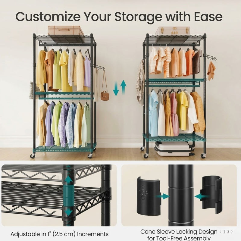Double Rail Garment Rack with Shelves and Wheels