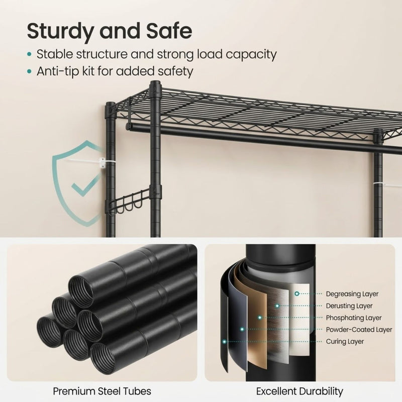 Double Rail Garment Rack with Shelves and Wheels
