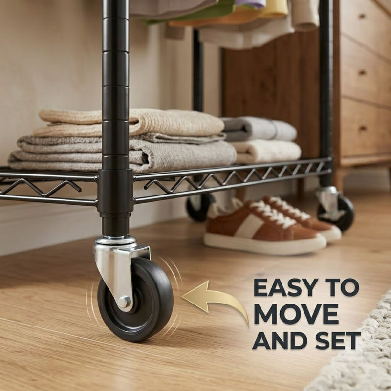 Double Rail Garment Rack with Shelves and Wheels