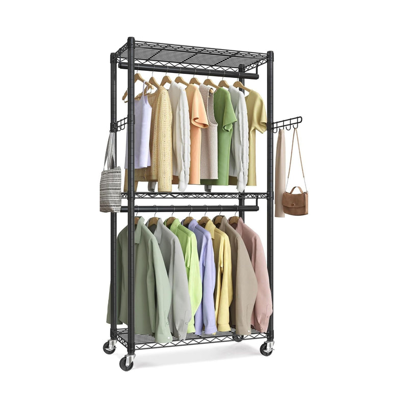 Double Rail Garment Rack with Shelves and Wheels, Black - additional product view