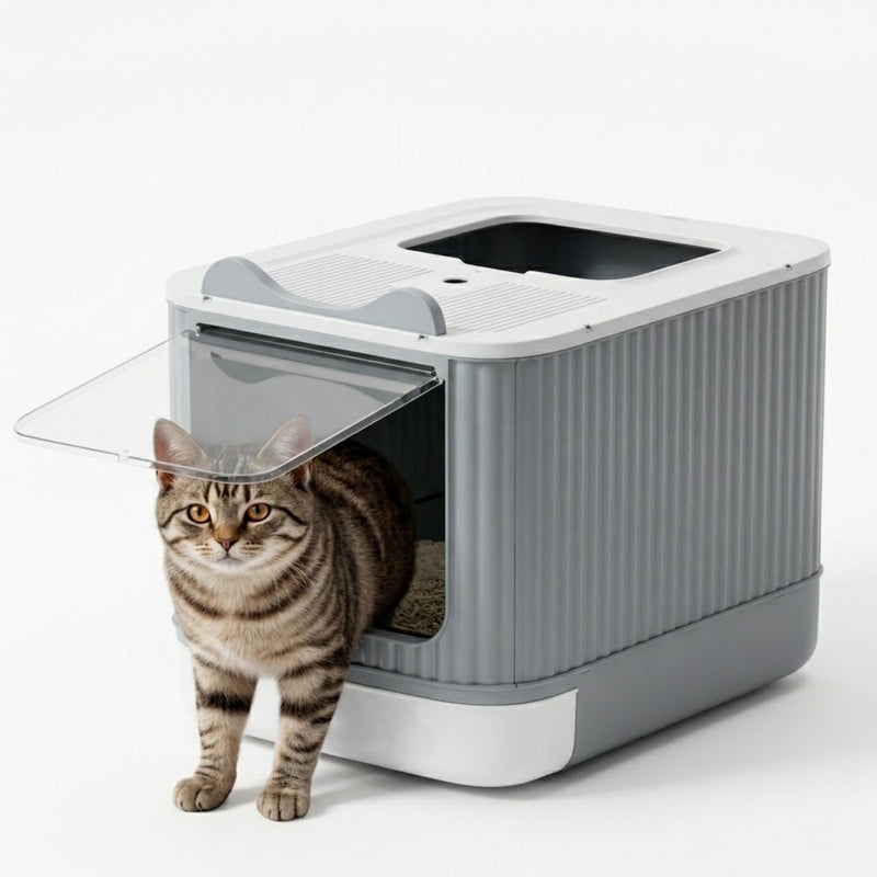 Enclosed Cat Litter Box with Drawer Tray for Easy Cleaning, Grey - main product image