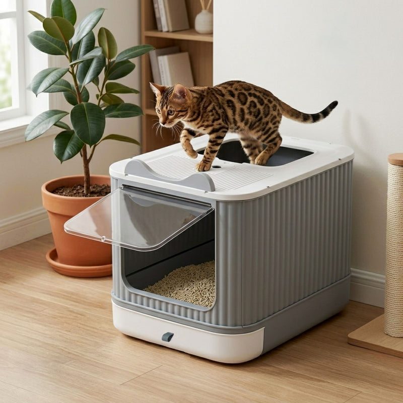 Enclosed Cat Litter Box with Drawer Tray for Easy Cleaning, Grey - alternate angle