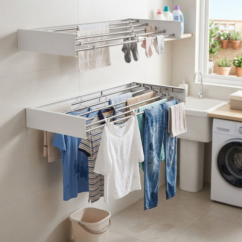 Wall Mounted Clothes Drying Rack - Foldable and Space-Saving - White - alternate angle