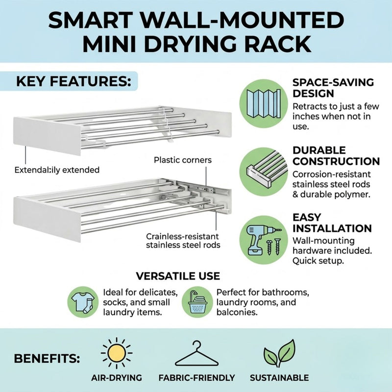 Wall Mounted Clothes Drying Rack - Foldable and Space-Saving - White - detail view