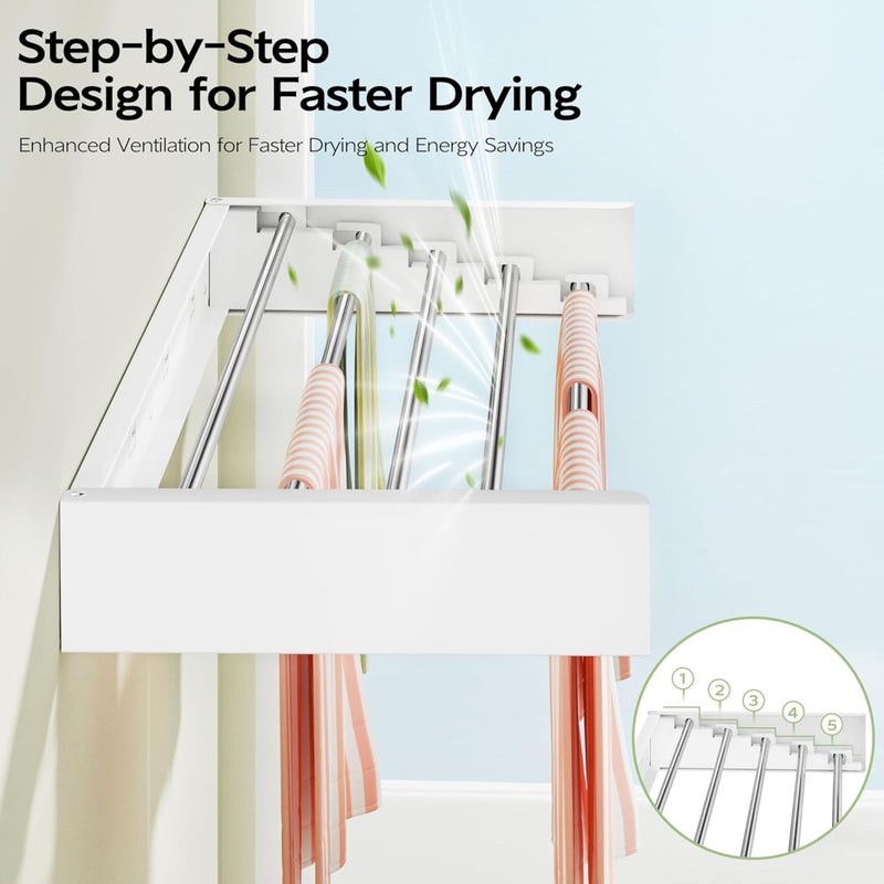 Wall Mounted Clothes Drying Rack - Foldable & Space-Saving - White
