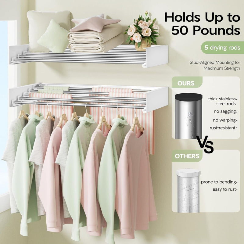Wall Mounted Clothes Drying Rack - Foldable & Space-Saving - White