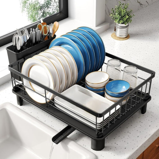 Dish Drying Rack with Drainboard and Utensil Holder - Black - main product image