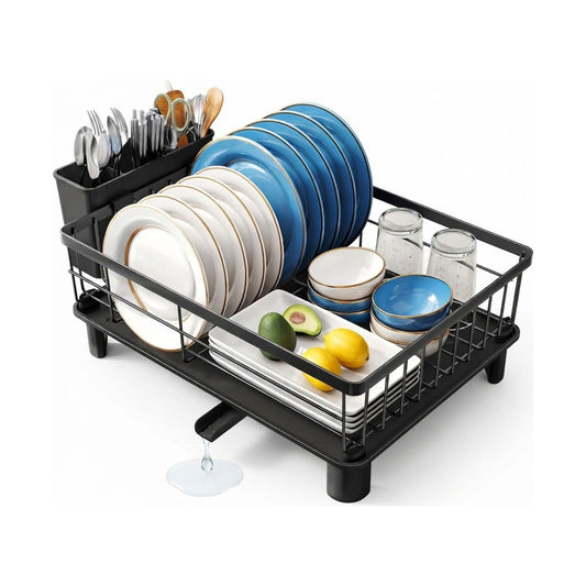 Dish Drying Rack with Drainboard and Utensil Holder - Black - main product image