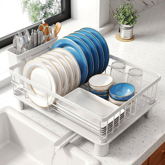 Dish Drying Rack with Drainboard and Utensil Holder - White - main product image