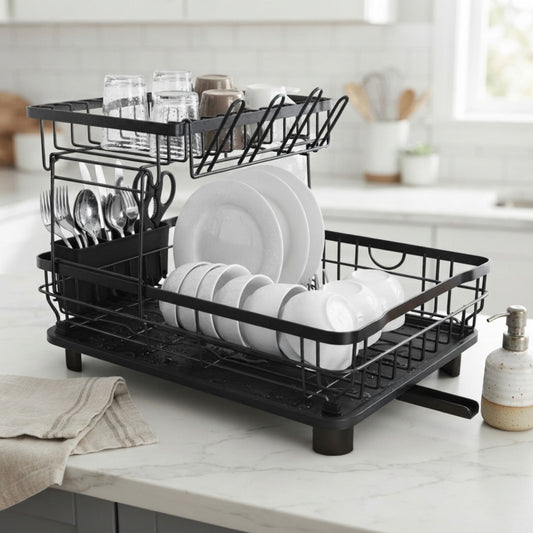2 Tier Dish Drying Rack with Drainboard and Utensil Holder - Black - main product image