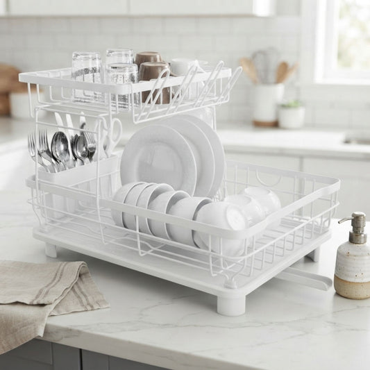 2 Tier Dish Drying Rack with Drainboard and Utensil Holder - White - main product image