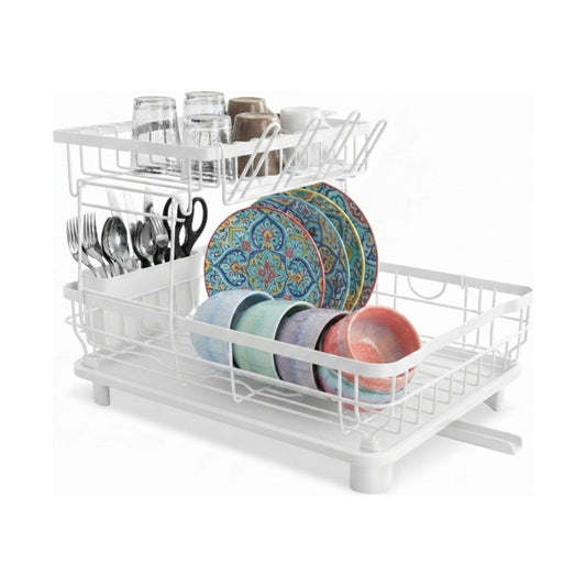 2 Tier Dish Drying Rack with Drainboard and Utensil Holder - White - main product image