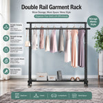 Double Rod Clothes Rack with Wheels for Easy Storage, Black - detail view