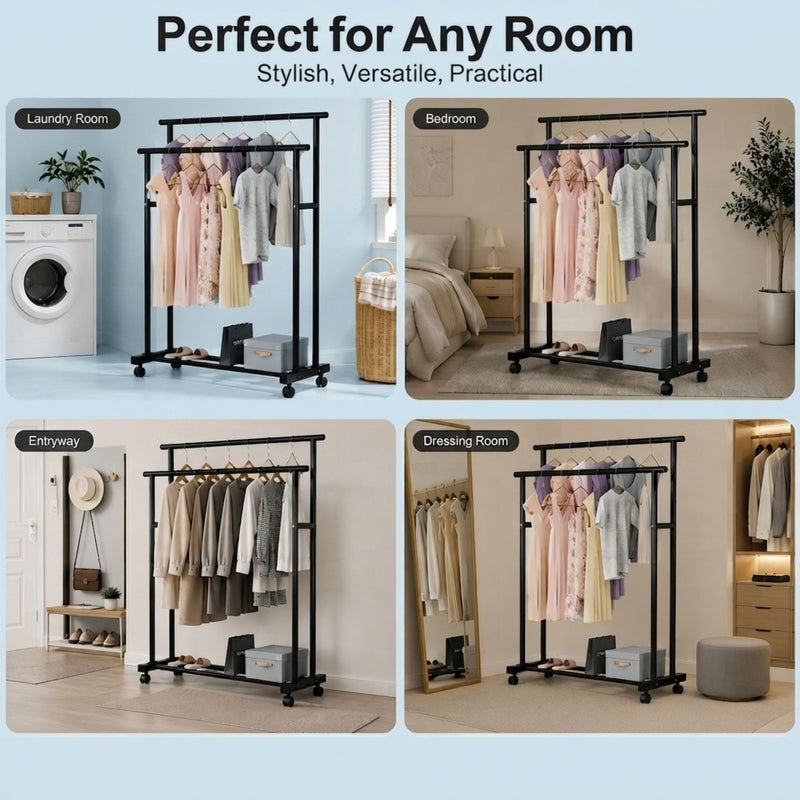 Double Rod Clothes Rack with Wheels for Easy Storage