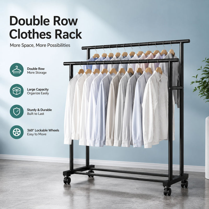 Double Rod Clothes Rack with Wheels for Easy Storage