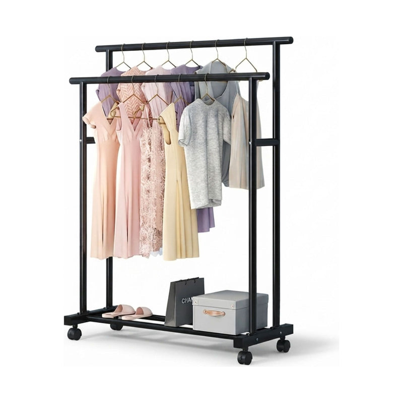 Double Rod Clothes Rack with Wheels for Easy Storage, Black - main product image