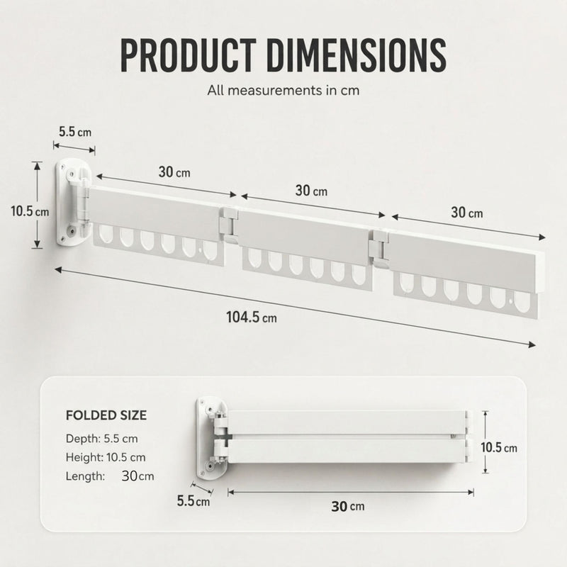 3 - Fold Wall Mounted Clothes Drying Rack - White - detail view