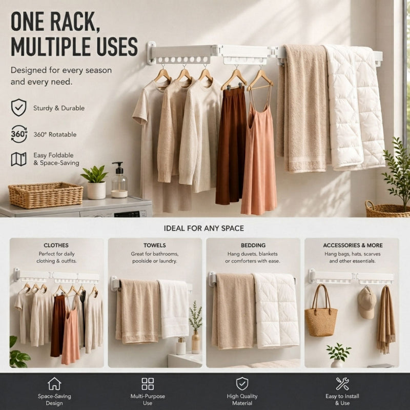 3 - Fold Wall Mounted Clothes Drying Rack - White - additional product view