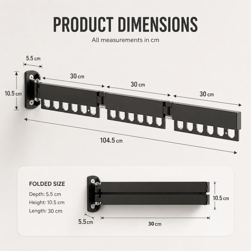 3 - Fold Wall Mounted Clothes Drying Rack - Black - detail view