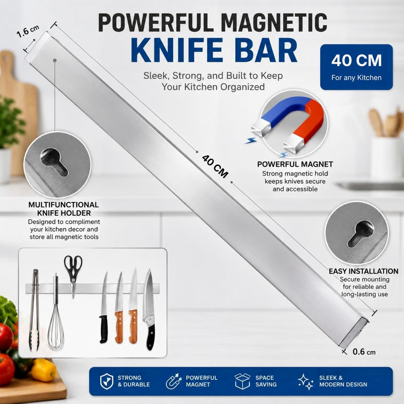40cm Magnetic Knife Strip Wall Rack - Knife Rack, Grey - size and scale view