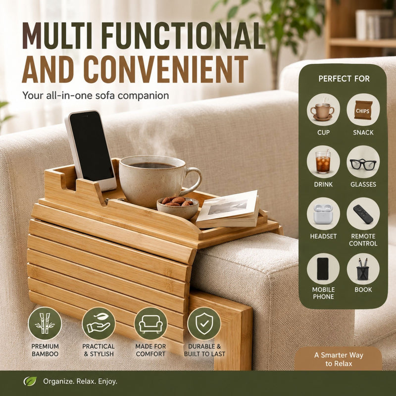 Bamboo Sofa Armrest Tray Couch Arm Table Natural - alternate angle