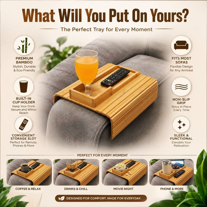 Bamboo Sofa Armrest Tray Couch Arm Table Natural
