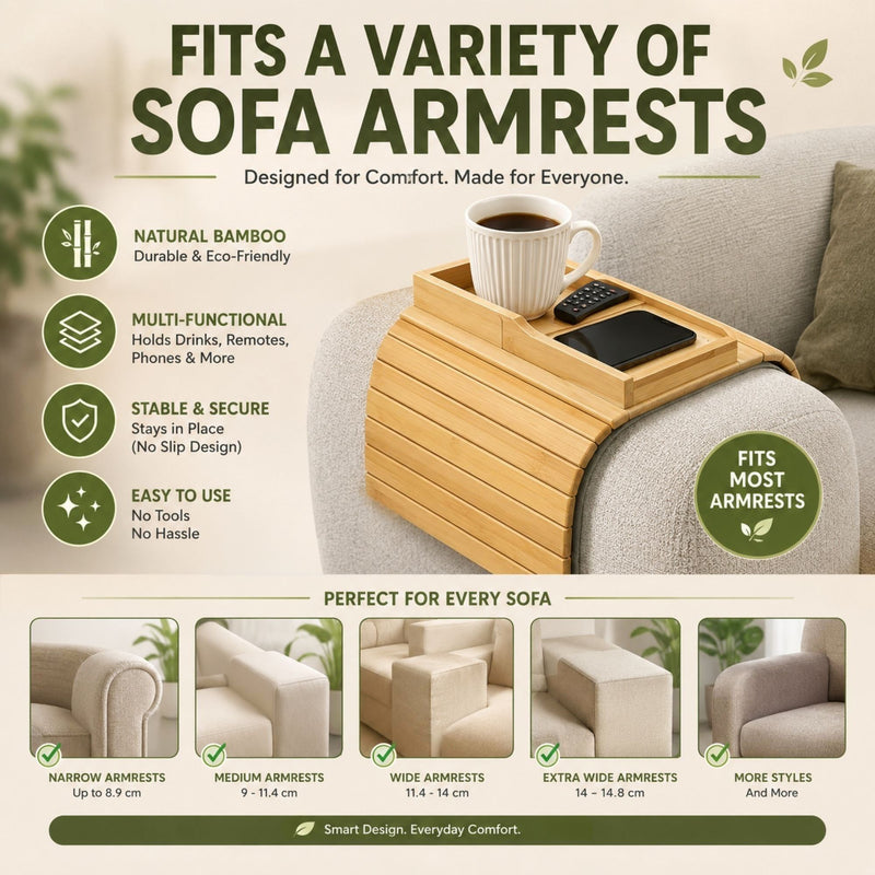 Bamboo Sofa Armrest Tray Couch Arm Table Natural