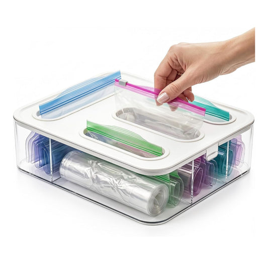 Food Storage Bag Organiser - 4 Compartment Clear Box, Transparent - main product image