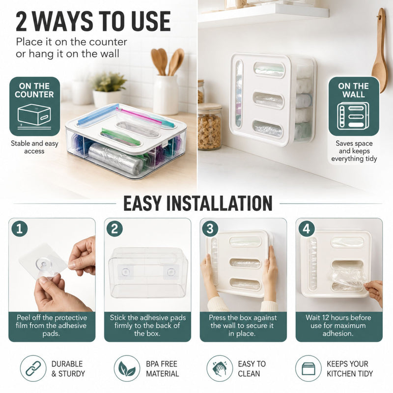 Food Storage Bag Organiser - 4 Compartment Clear Box, Transparent - additional product view
