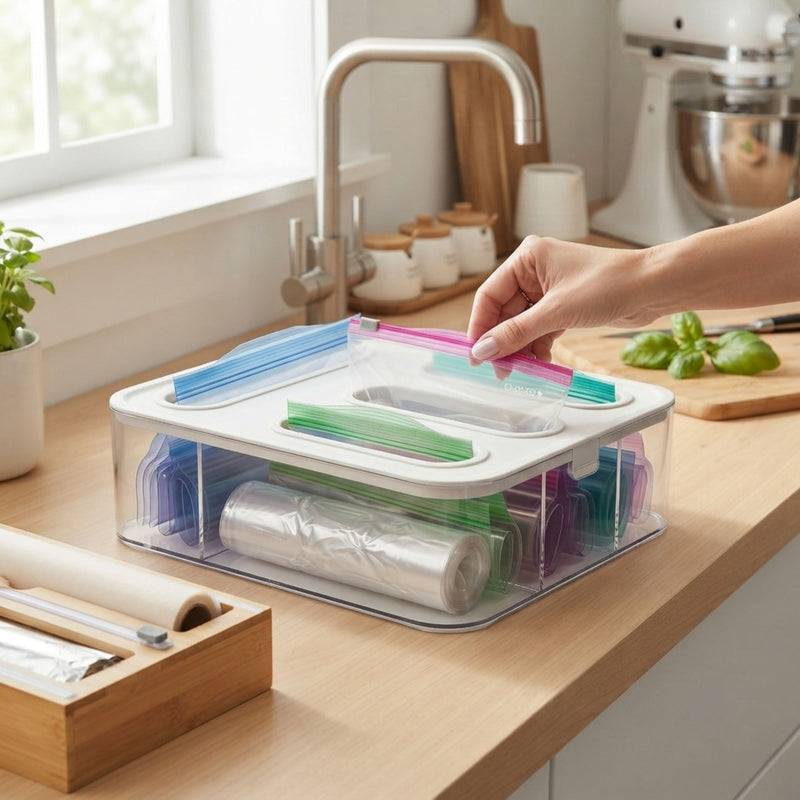 Food Storage Bag Organiser - 4 Compartment Clear Box