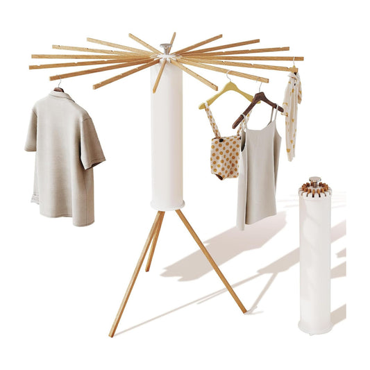 Tripod Clothes Drying Rack with 16 Rods and Wooden Poles, White - main product image
