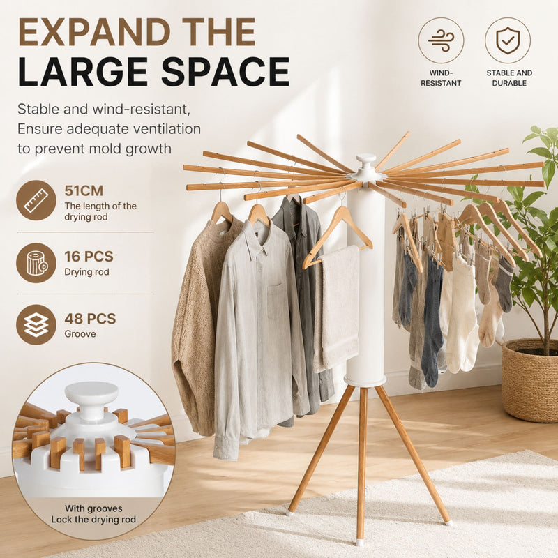 Tripod Clothes Drying Rack with 16 Rods and Wooden Poles, White - alternate angle