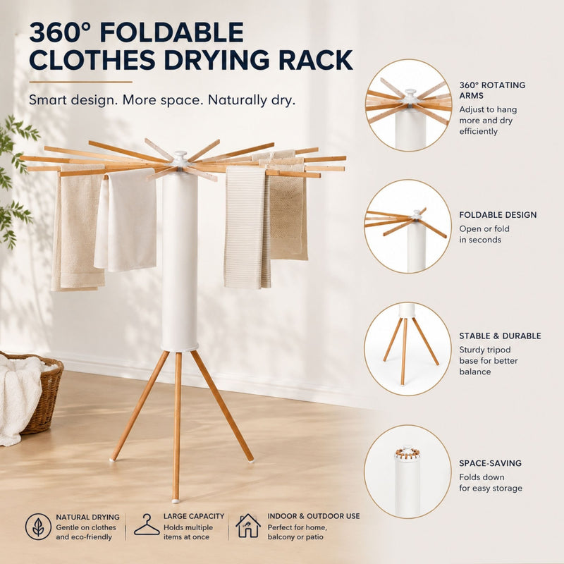 Tripod Clothes Drying Rack with 16 Rods and Wooden Poles