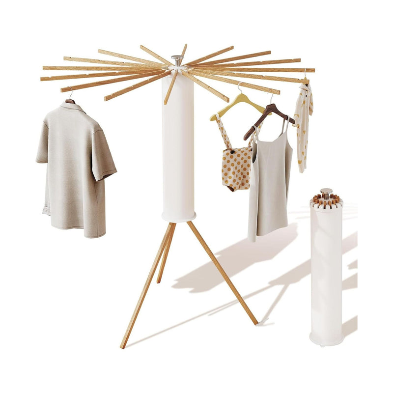 Tripod Clothes Drying Rack with 16 Rods and Wooden Poles, White - main product image