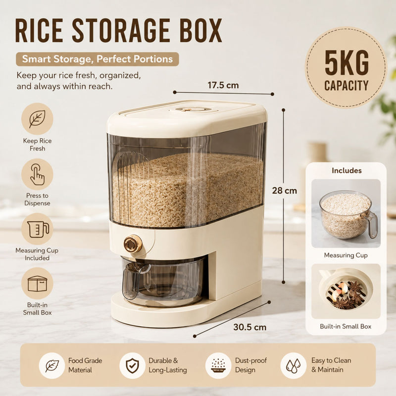 Rice Dispenser 5kg Press Button Storage Container, Beige - alternate angle