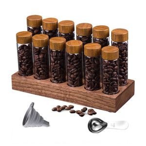 Glass Coffee Bean Storage Tubes with Wooden Stand