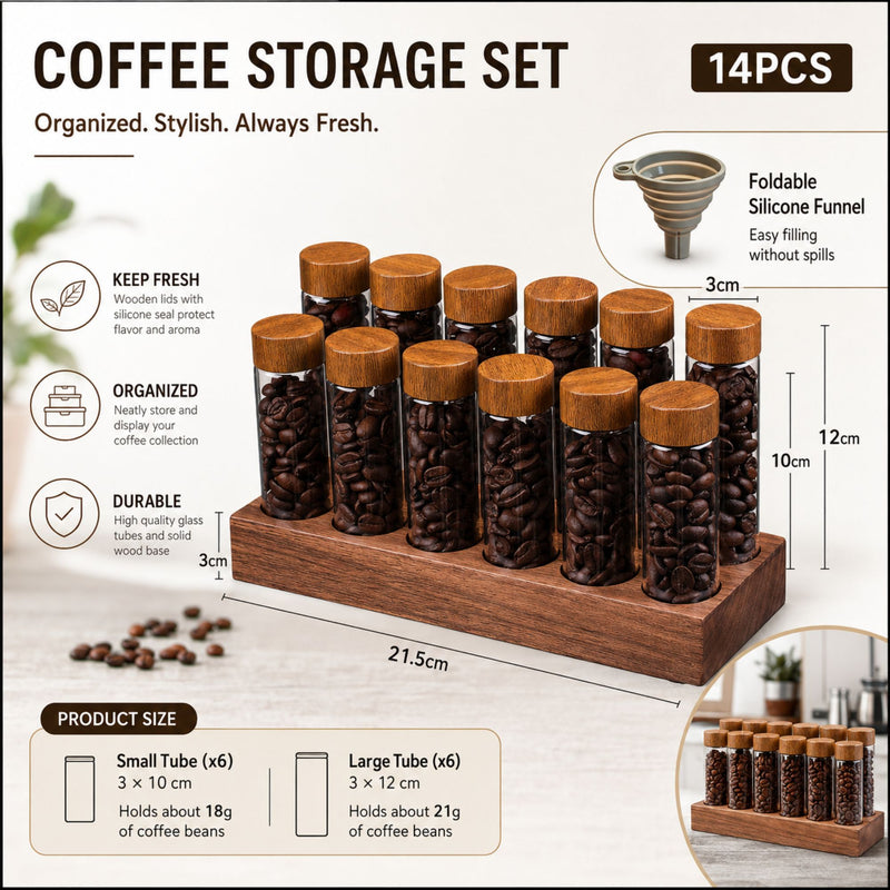 Glass Coffee Bean Storage Tubes with Wooden Stand, Transparent - detail view