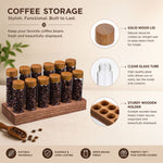 Glass Coffee Bean Storage Tubes with Wooden Stand, Transparent - size and scale view