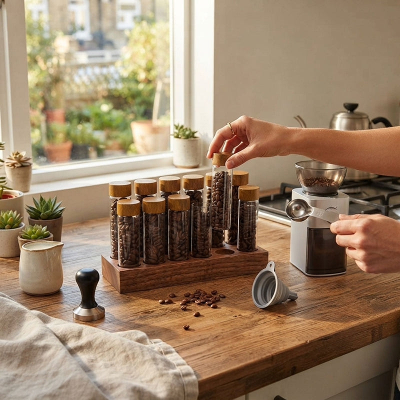 Glass Coffee Bean Storage Tubes with Wooden Stand, Transparent - additional product view
