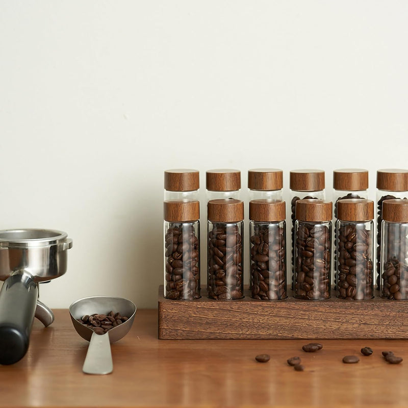 Glass Coffee Bean Storage Tubes with Wooden Stand