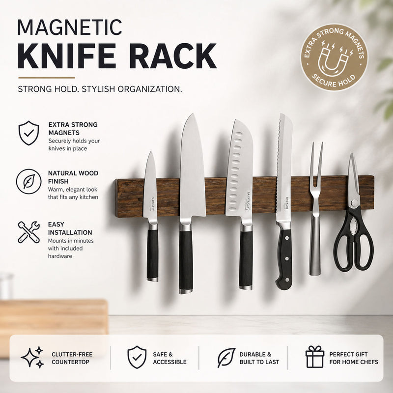 Magnetic Knife Holder Wall Mounted Wood Strip Brown - alternate angle
