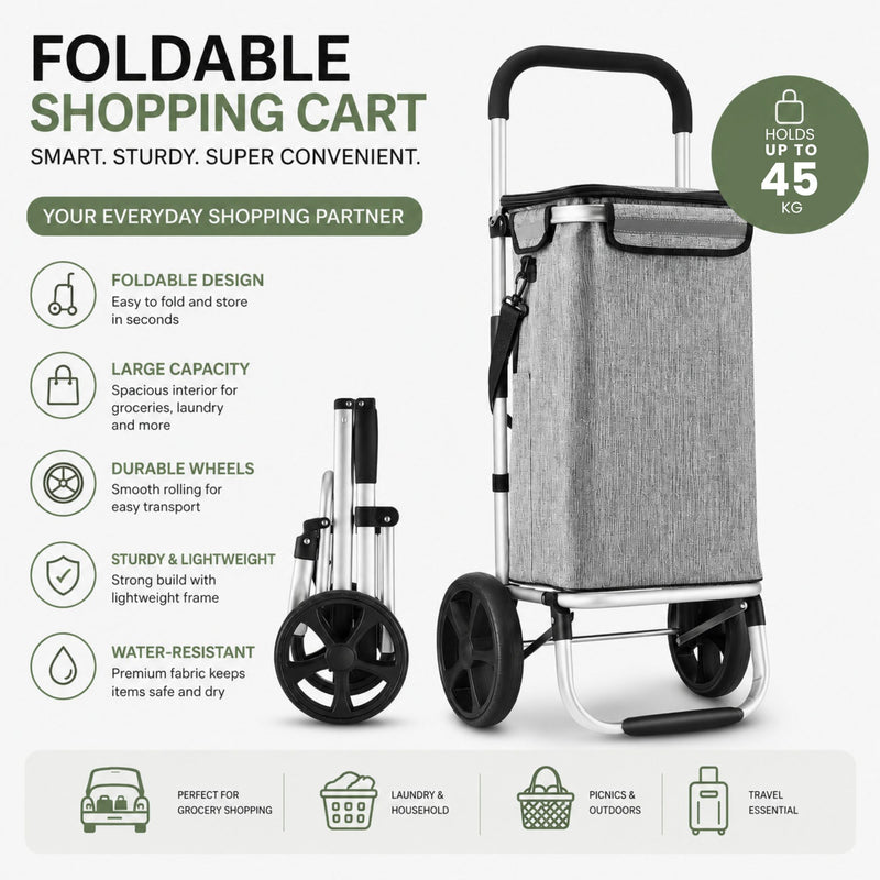 Foldable Shopping Trolley Lightweight Aluminium Cart, Grey - detail view