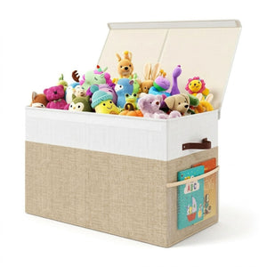 Large Foldable Toy Storage Box with Lid Beige Linen - Like Fabric