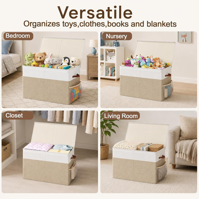 Large Foldable Toy Storage Box with Lid Beige Linen - Like Fabric - detail view