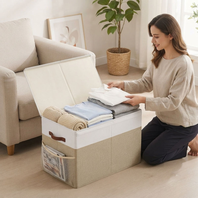 Large Foldable Toy Storage Box with Lid Beige Linen - Like Fabric