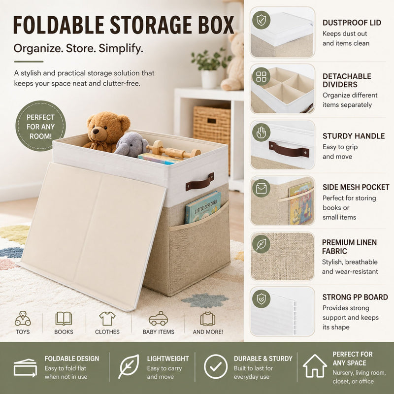 Large Foldable Toy Storage Box with Lid Beige Linen - Like Fabric