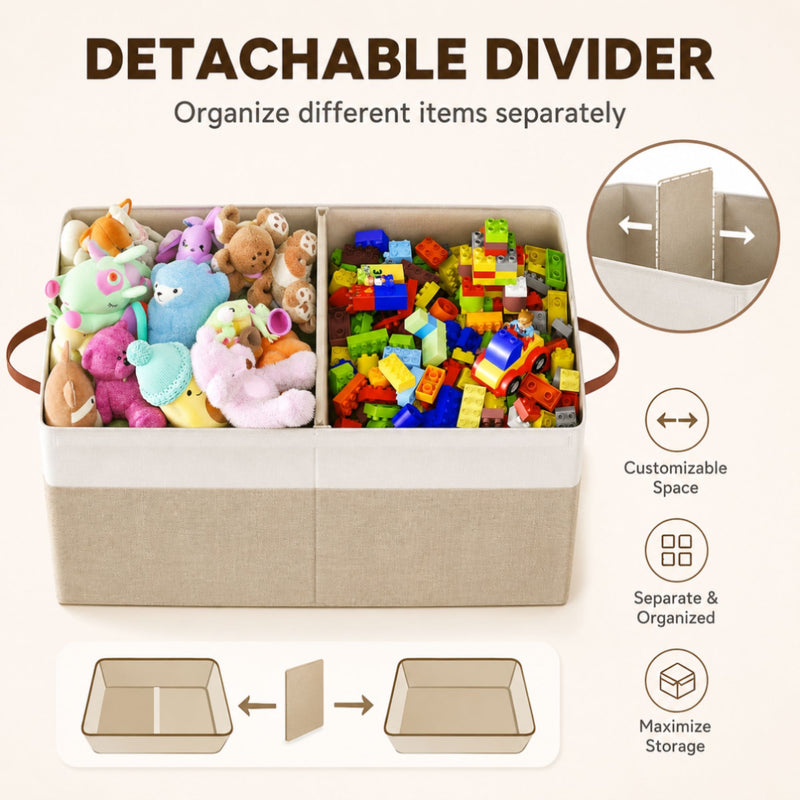 Large Foldable Toy Storage Box with Lid Beige Linen - Like Fabric