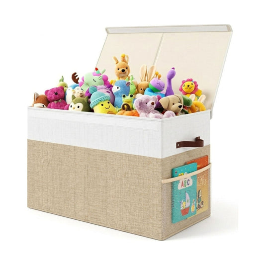 Large Foldable Toy Storage Box with Lid Beige Linen-Like Fabric - main product image